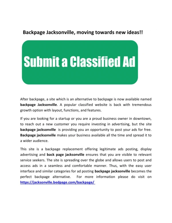 Backpage Jacksonville, moving towards new ideas!!