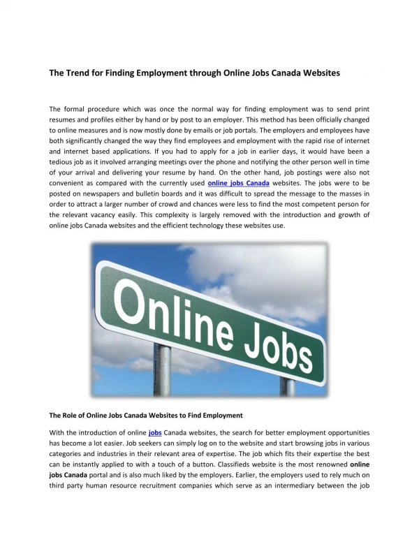 The Trend for Finding Employment through Online Jobs Canada Websites