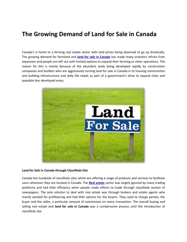 The Growing Demand of Land for Sale in Canada