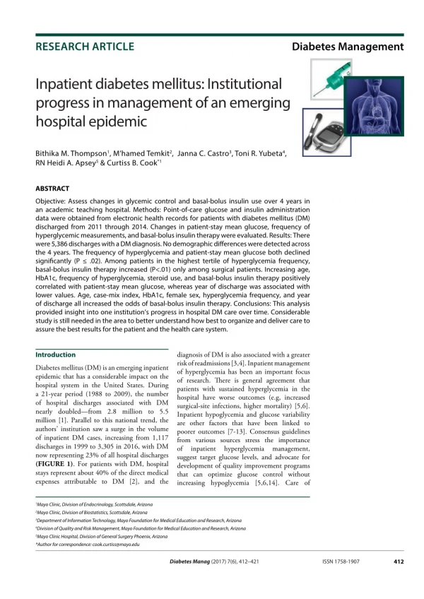 Inpatient diabetes mellitus: Institutional progress in management of an emerging hospital epidemic