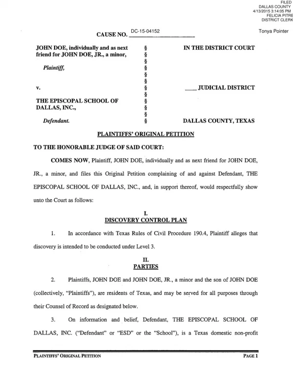 Episcopal School of Dallas ESD - john doe v. ESD original petition