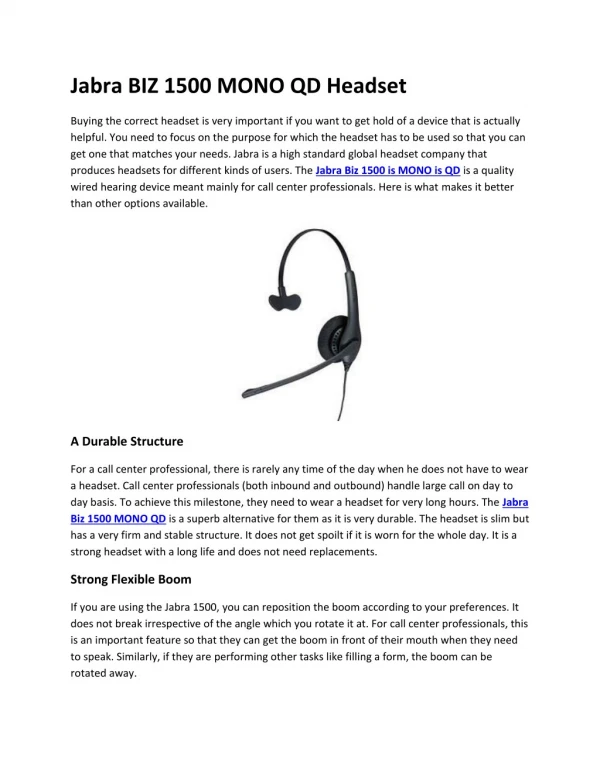 Jabra BIZ 1500 MONO QD Headset | Corded Headset
