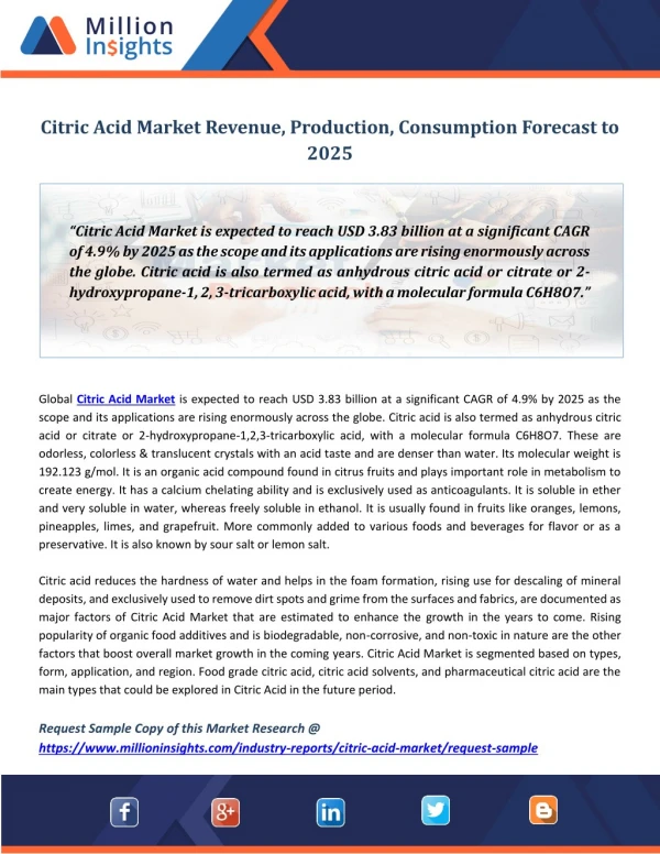 Citric Acid Market Revenue, Production, Consumption Forecast to 2025