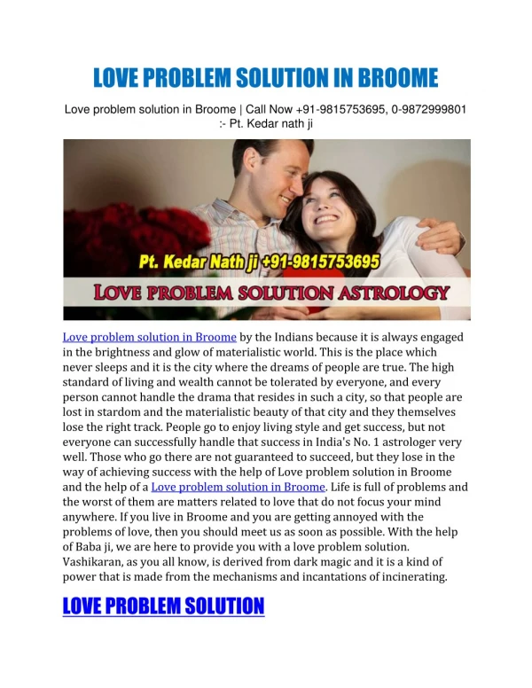 Love problem solution in Broome | Call Now 91-9815753695, 0-9872999801 :- Pt. Kedar nath ji