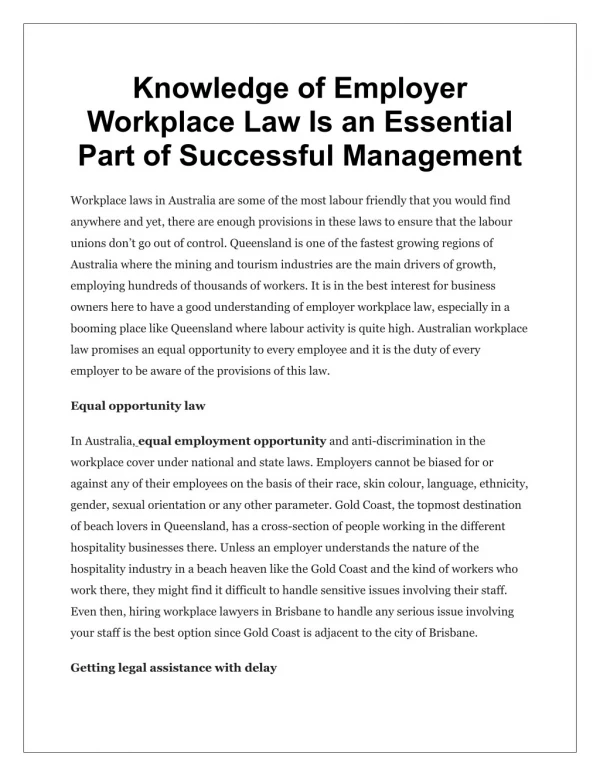 Knowledge of Employer Workplace Law Is an Essential Part of Successful Management