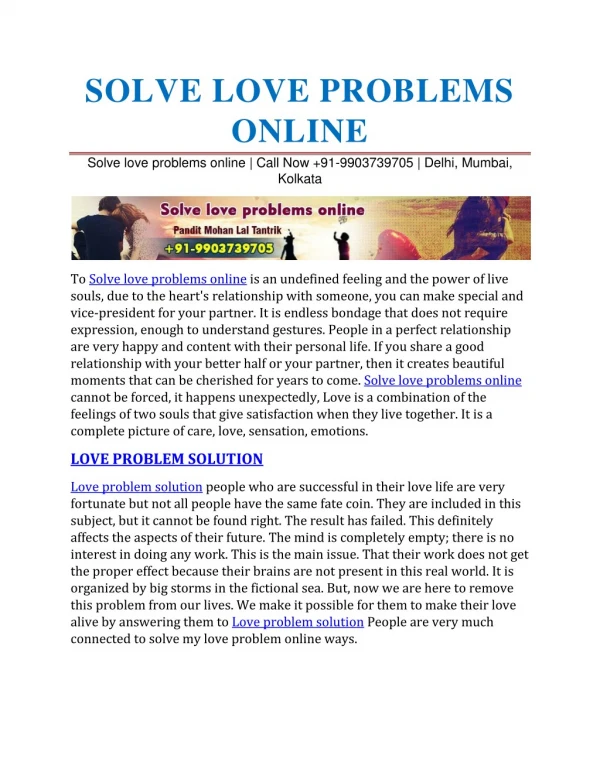 Solve love problems online | Call Now 91-9903739705 | Delhi, Mumbai, Kolkata</
