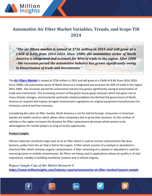 Automotive Air Filter Market Variables, Trends, and Scope Till 2024