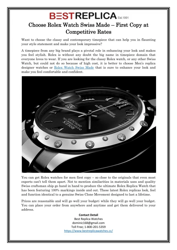 Choose Rolex Watch Swiss Made – First Copy at Competitive Rates