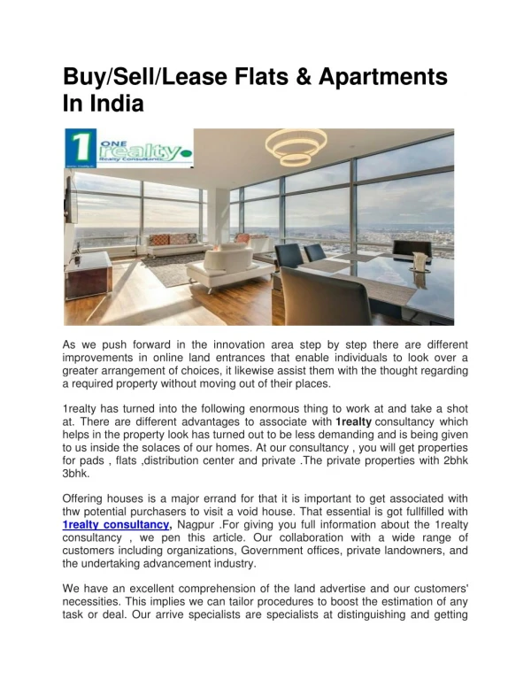 Buy/Sell/Lease Flats & Apartments In India