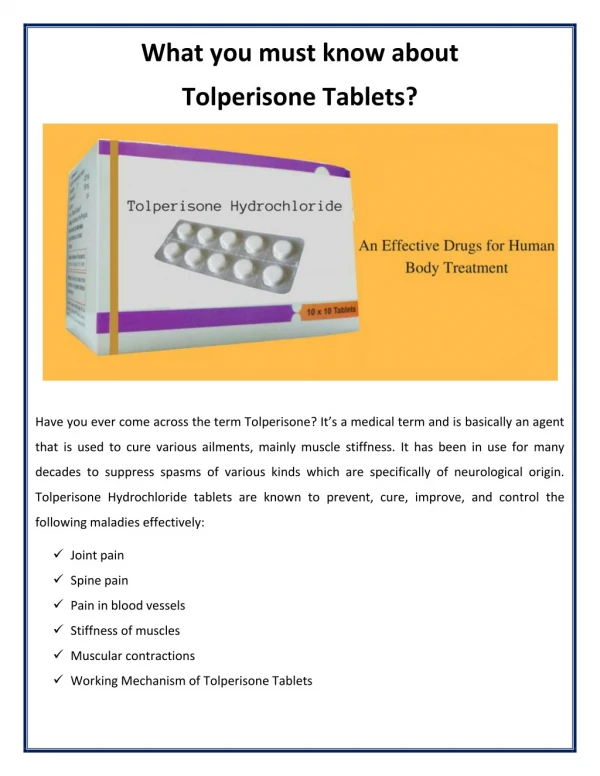 Know about Tolperisone Tablets