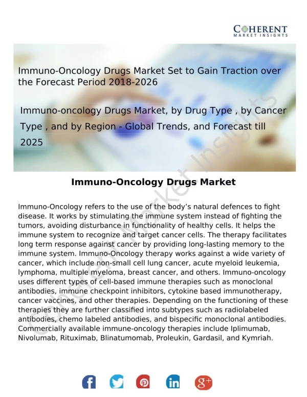 Immuno-Oncology Drugs Market Set to Expand Saliently at a Robust CAGR during the Forecast Period 2018-2026