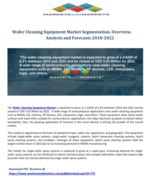 Wafer Cleaning Equipment Market Segmentation, Overview, Analysis and Forecasts 2018-2022