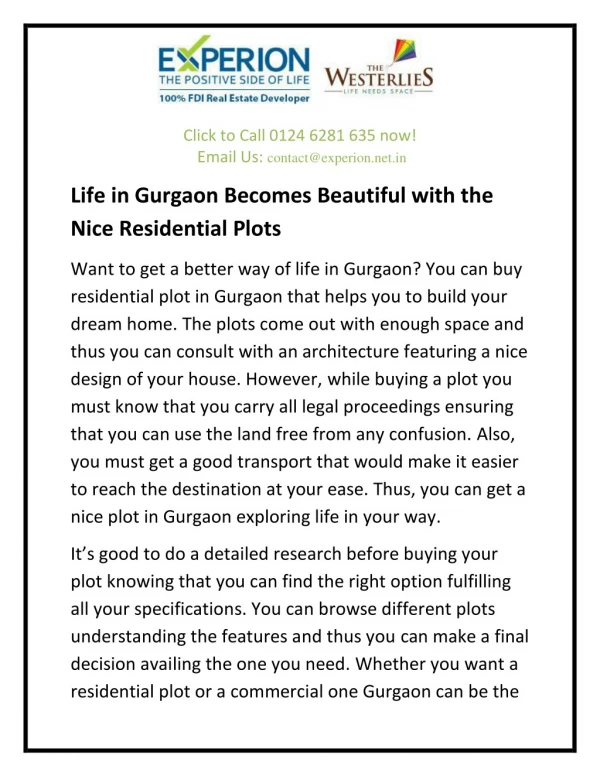 Life in Gurgaon Becomes Beautiful with the Nice Residential Plots