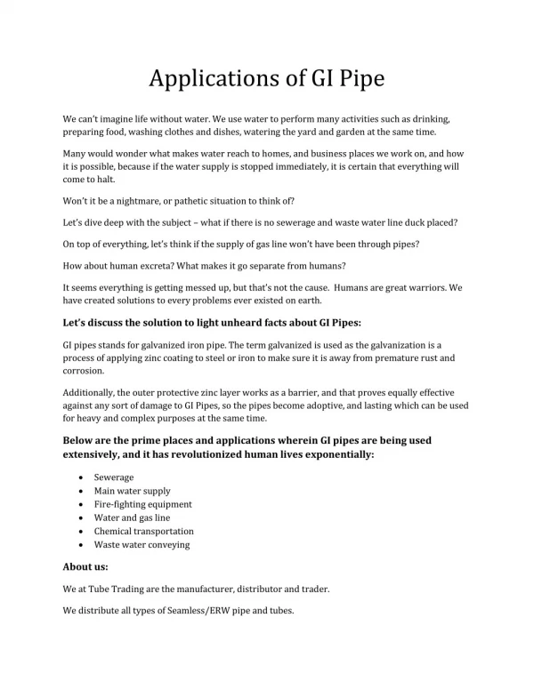 Applications of GI Pipe