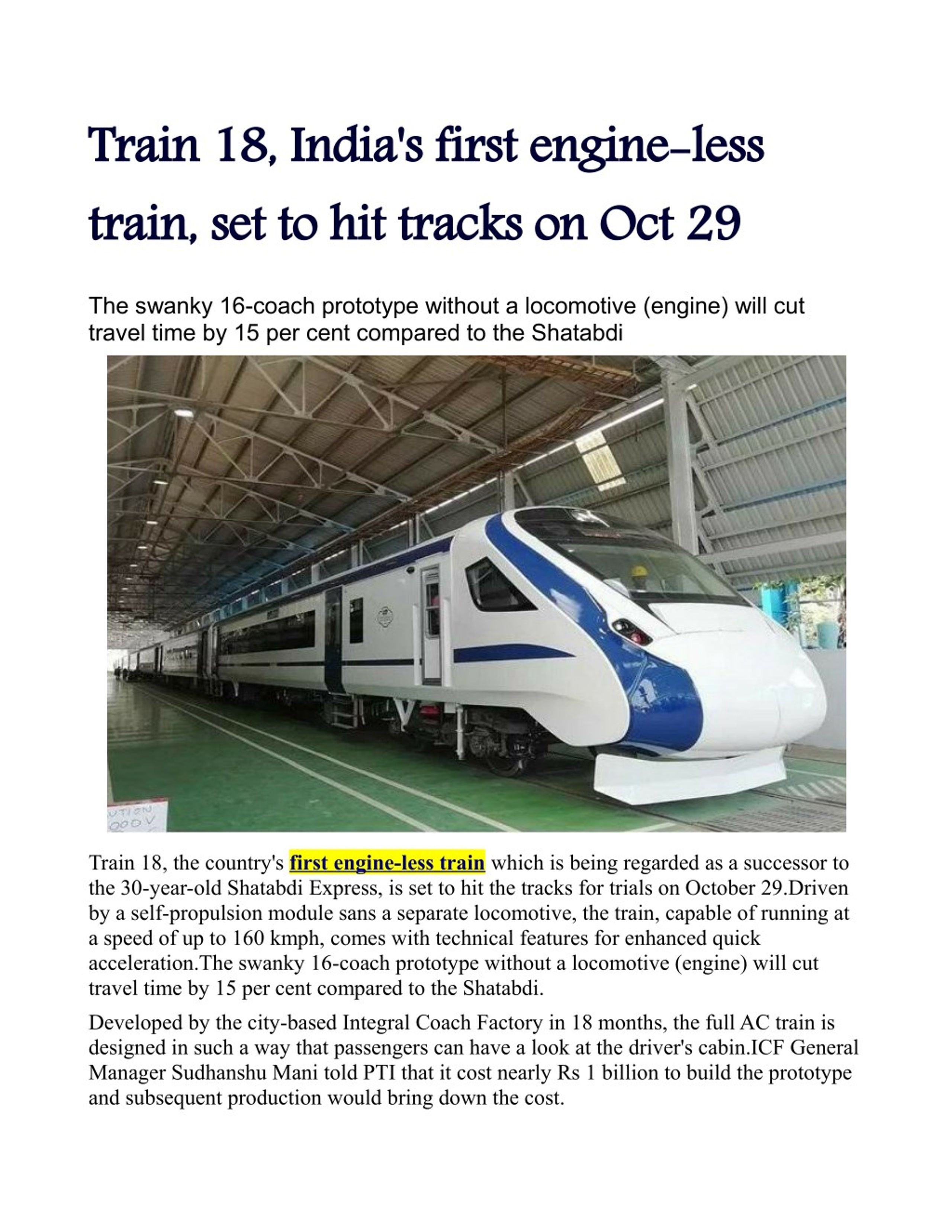 Less Train Tracks PPT - Train 18, India's first engine-less train, set to hit tracks on ...