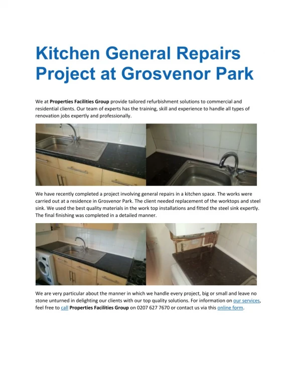 Kitchen General Repairs Project at Grosvenor Park