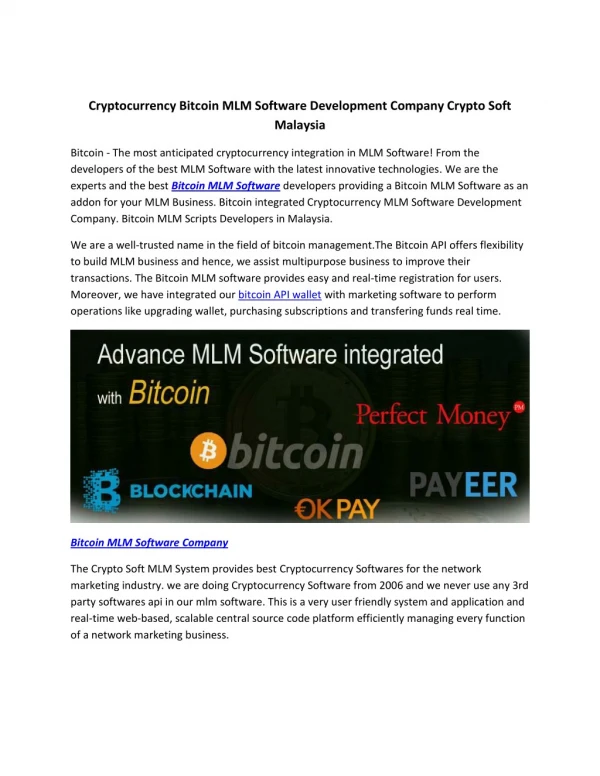 Cryptocurrency Bitcoin MLM Software Development Company Crypto Soft Malaysia