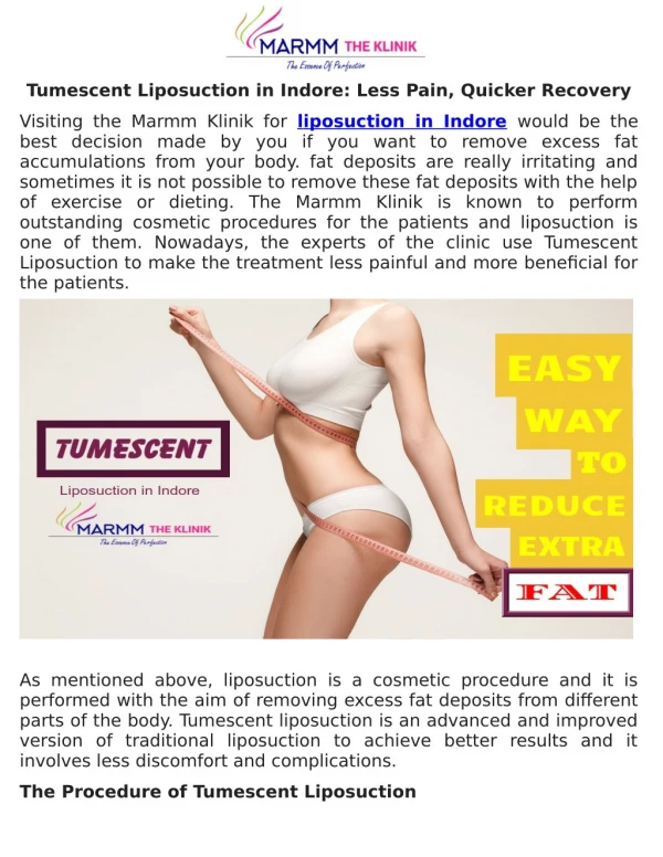 Tumescent Liposuction in Indore: Less Pain, Quicker Recovery
