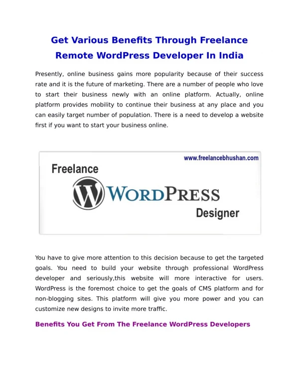 Get Various Benefits Through Freelance Remote WordPress Developer In India