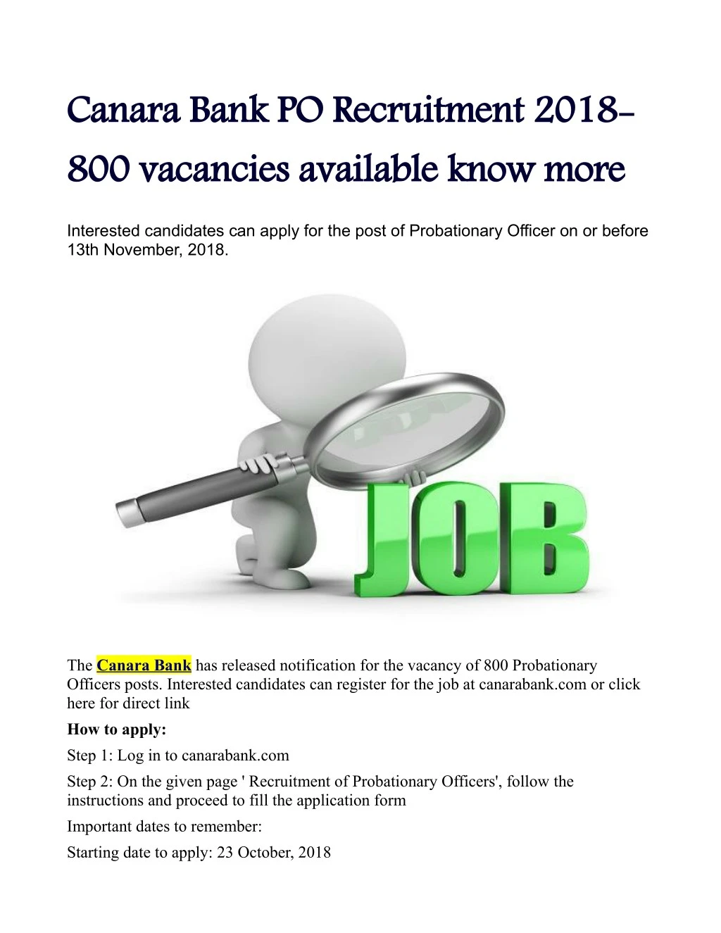canara bank po recruitment 2018 800 vacancies