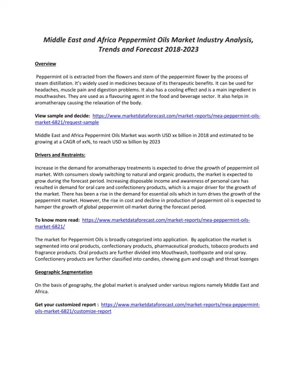 Middle East and Africa Peppermint Oils Market Industry Analysis, Trends and Forecast 2018-2023