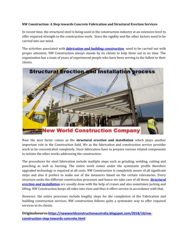 Structural Erection and Installation process by New World Construction