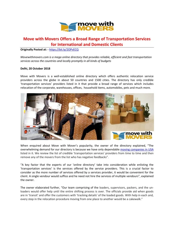 Move with Movers Offers a Broad Range of Transportation Services for International and Domestic Clients