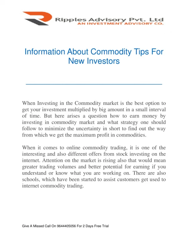 Information About Commodity Tips For New Investors