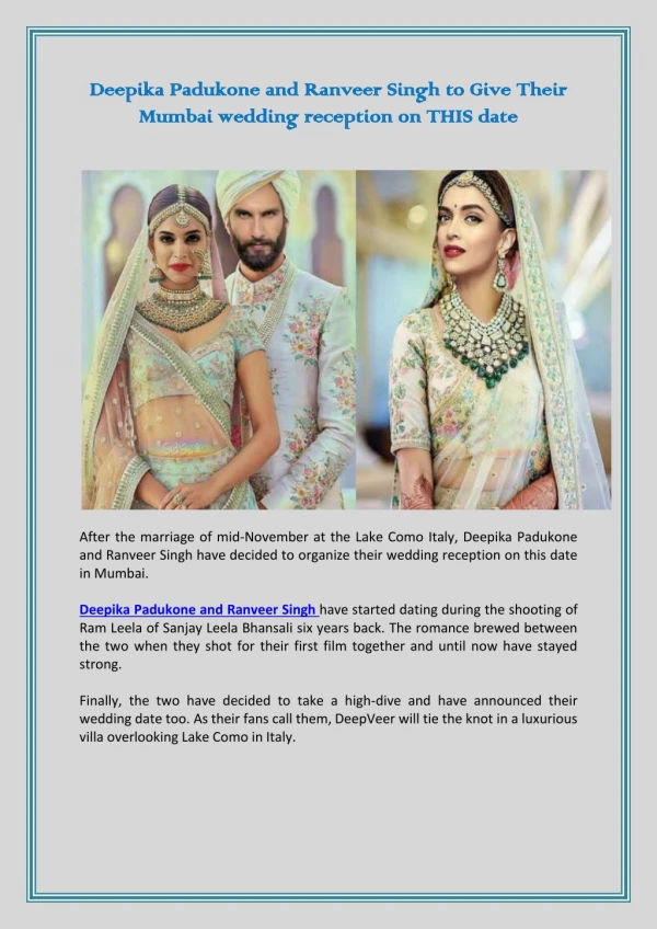 Deepika Padukone And Ranveer Singh To Give Their Mumbai Wedding Reception On THIS Date