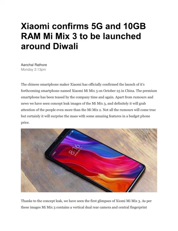 Xiaomi confirms 5G and 10GB RAM Mi Mix 3 to be launched around Diwali