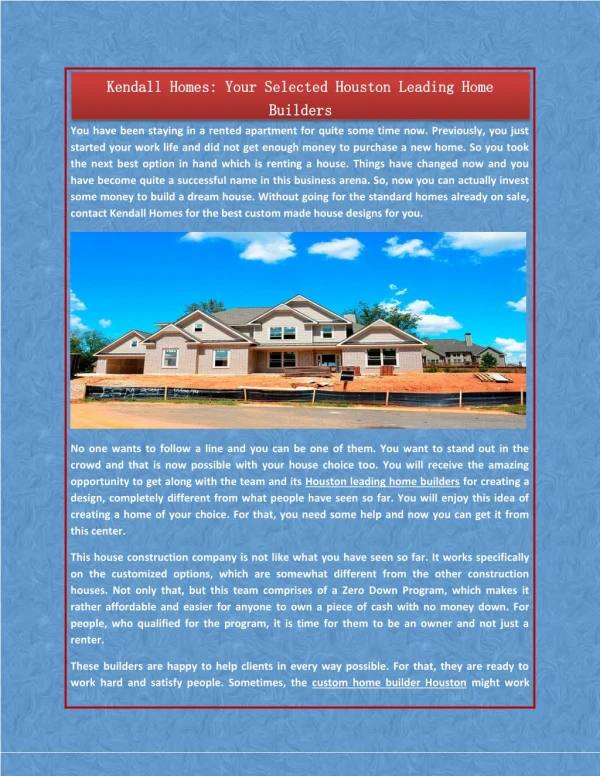 Kendall Homes: Your Selected Houston Leading Home Builders