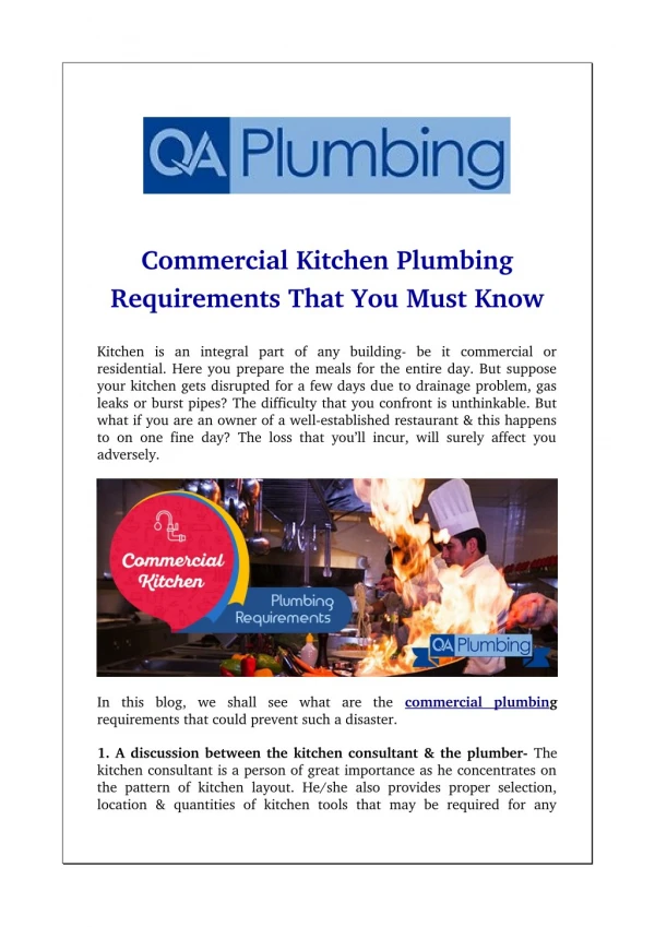Commercial Kitchen Plumbing Requirements That You Must Know