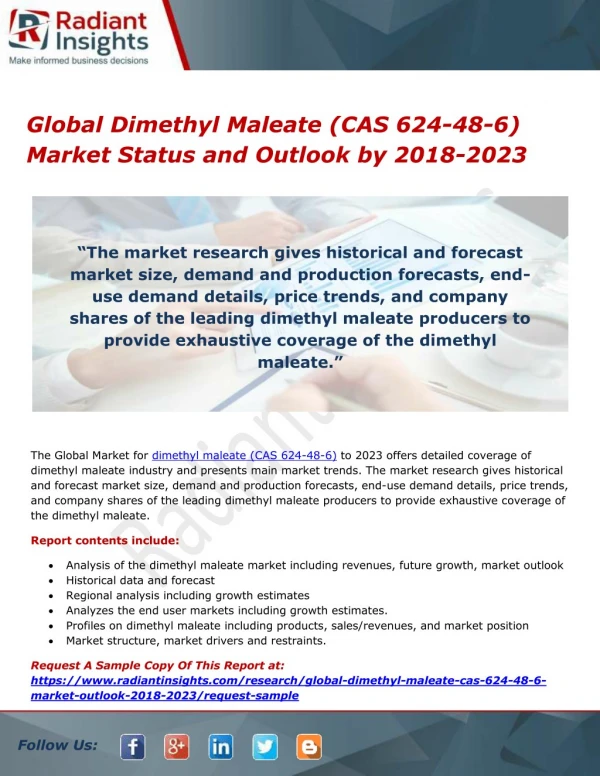 Global Dimethyl Maleate (CAS 624-48-6) Market Status and Outlook by 2018-2023