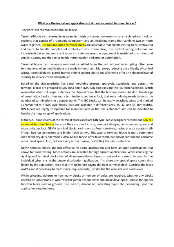What are the important applications of din rail mounted terminal blocks?