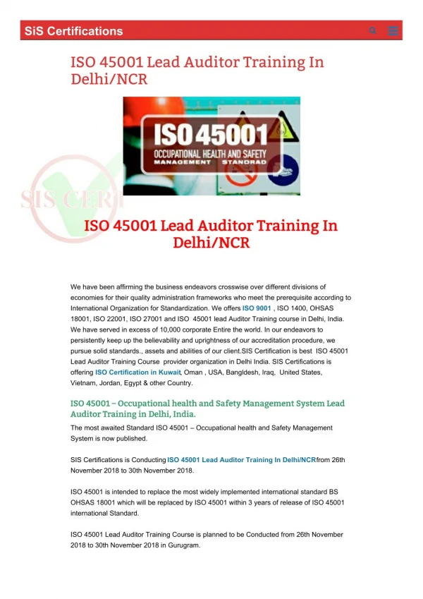 ISO 45001 Lead auditor Training Course in Delhi