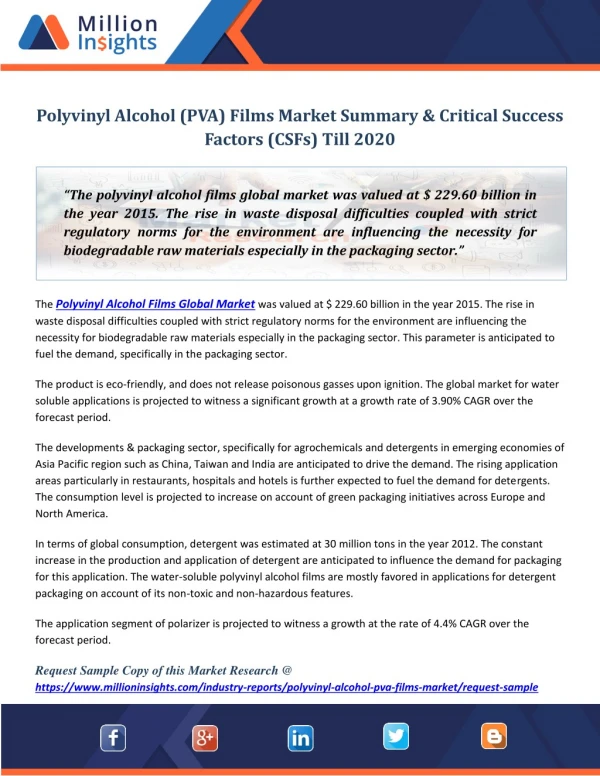 Polyvinyl Alcohol (PVA) Films Market Summary & Critical Success Factors (CSFs) Till 2020