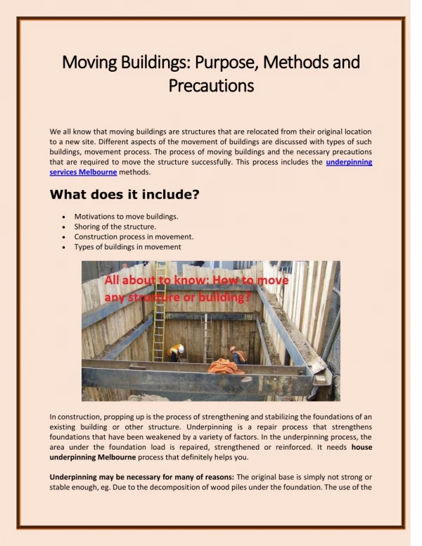 Moving Buildings Purpose, Methods and Precautions