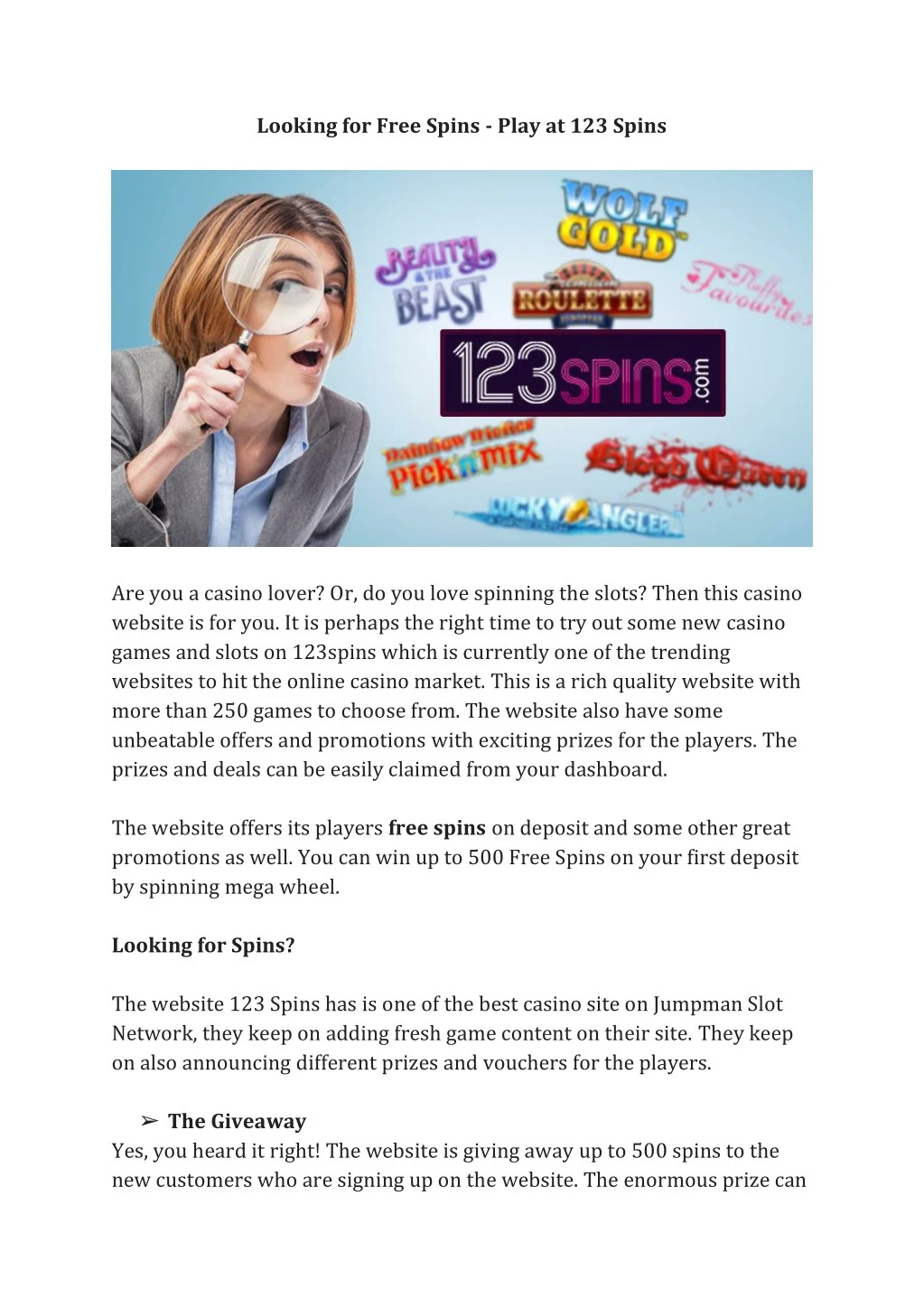 looking for free spins play at 123 spins