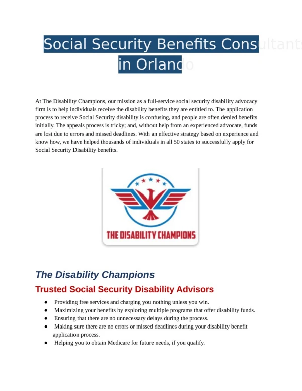 Social Security Disability Benefits Consultant in Orlando