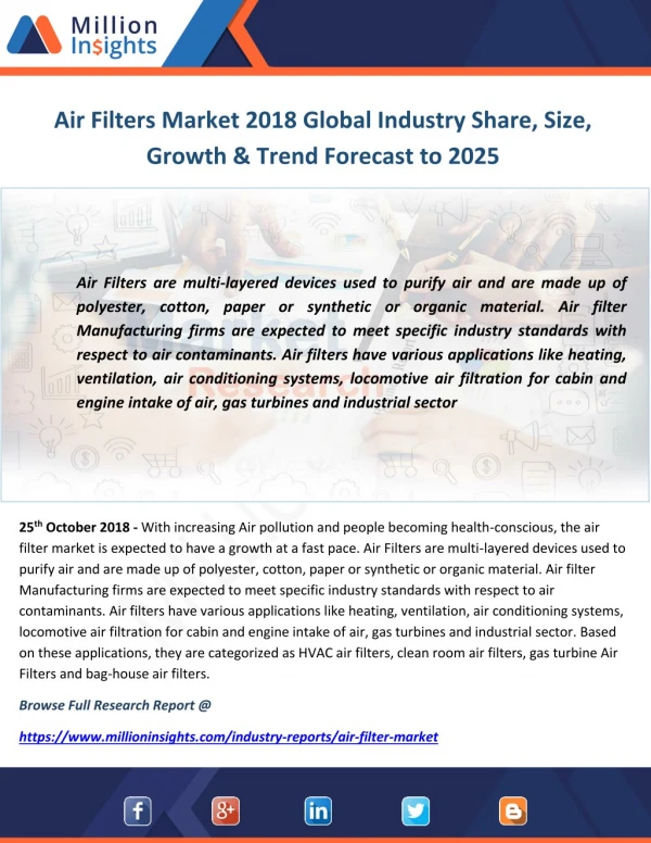 Air Filters Market 2018 Global Industry Share, Size, Growth & Trend Forecast to 2025
