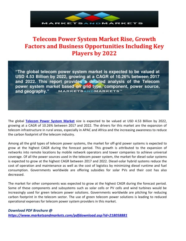 Telecom Power System Market Rise, Growth Factors and Business Opportunities Including Key Players by 2022