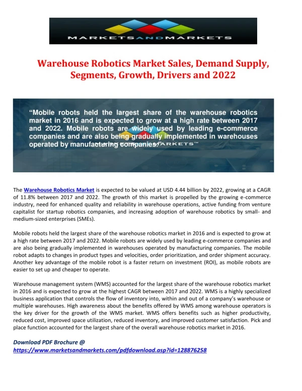 Warehouse Robotics Market Sales, Demand Supply, Segments, Growth, Drivers and 2022