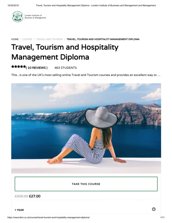 Travel, Tourism and Hospitality Management Diploma - LIBM