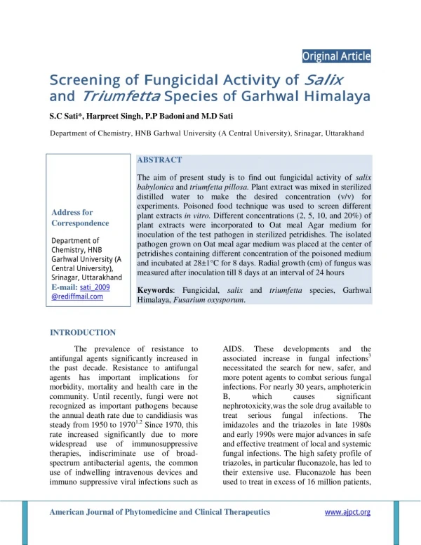Screening of Fungicidal Activity of Salix and Triumfetta Species of Garhwal Himalaya