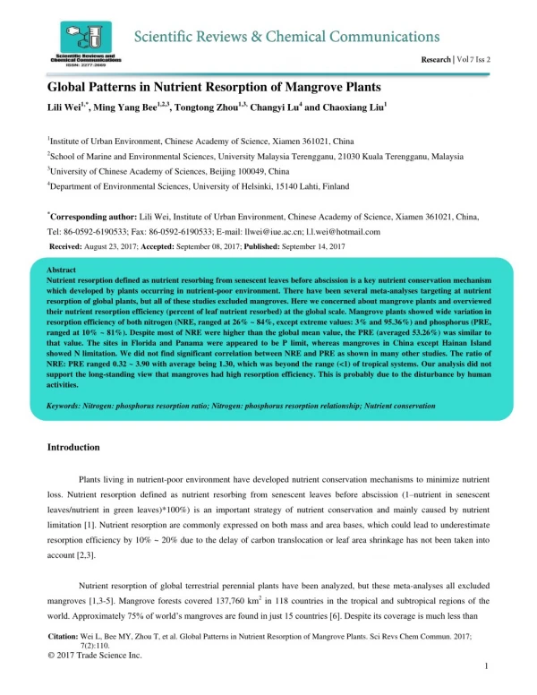 Global Patterns in Nutrient Resorption of Mangrove Plants