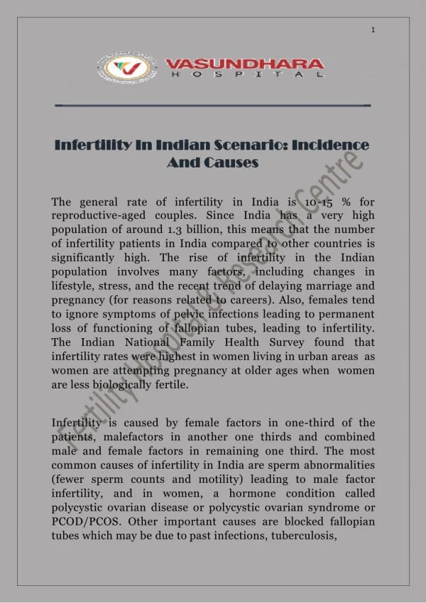 Infertility in Indian Scenario: Incidence and Causes