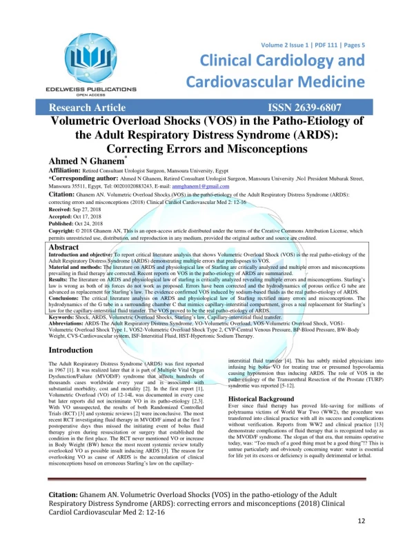 Volumetric Overload Shocks (VOS) in the Patho-Etiology of the Adult Respiratory Distress Syndrome (ARDS): Correcting Err