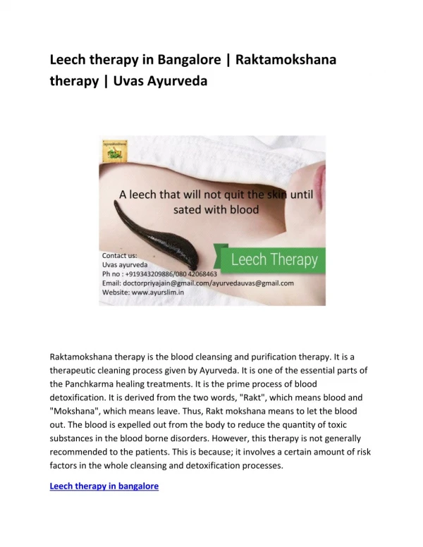 Leech therapy in Bangalore | Raktamokshana therapy | Uvas Ayurveda