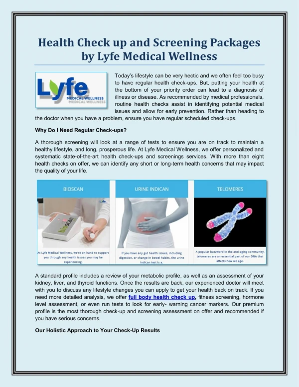 Health Check up and Screening Packages by Lyfe Medical Wellness