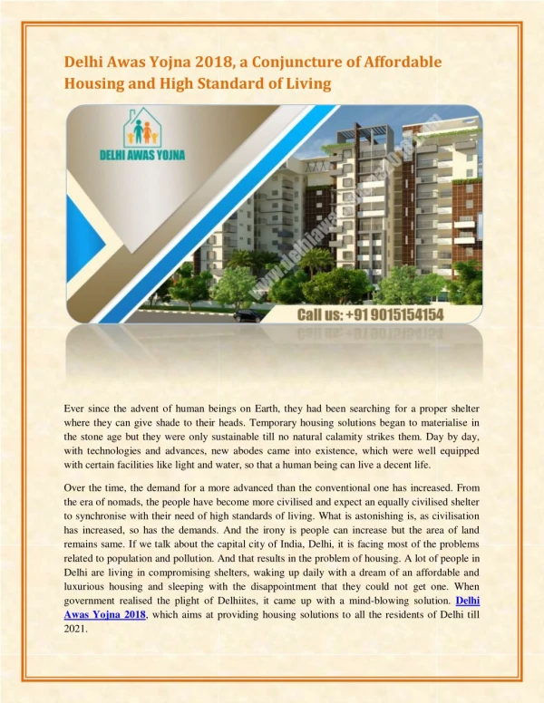 Delhi Awas Yojna 2018, a conjuncture of affordable housing and high standard of living